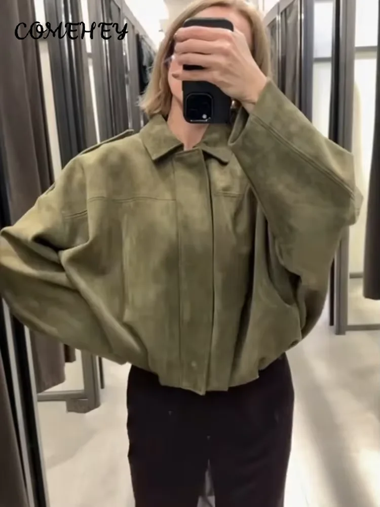 Urban Brown Green Suede Jackets Women Loose Lapel Long Sleeve Zipper Bomber Coat 2025 Autumn Winter Vintage Jacket Streetwear