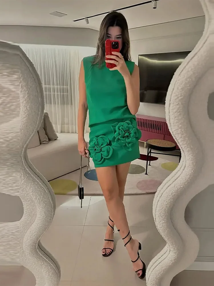 White 3D Flower Skirt Suit Women Vintage Sleeveless O-neck Vest Mini Skirts Female 2 Pieces Set 2025 Spring Fashion Lady Outfit - Image 4