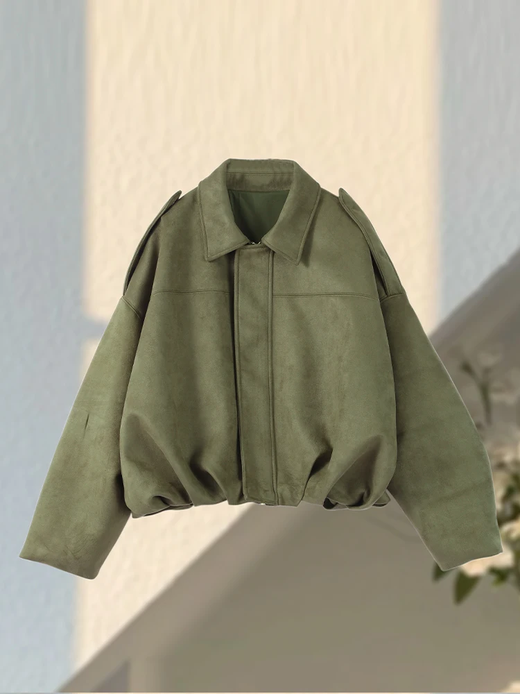 Urban Brown Green Suede Jackets Women Loose Lapel Long Sleeve Zipper Bomber Coat 2025 Autumn Winter Vintage Jacket Streetwear - Image 6