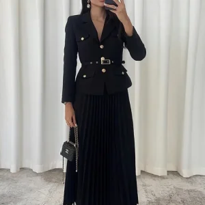 Elegant Women's Two Pieces Set Single-breasted Lapel Large Size Coat Belt Pleated Midi Skirt Suit 2025 Lady New In Matching Sets