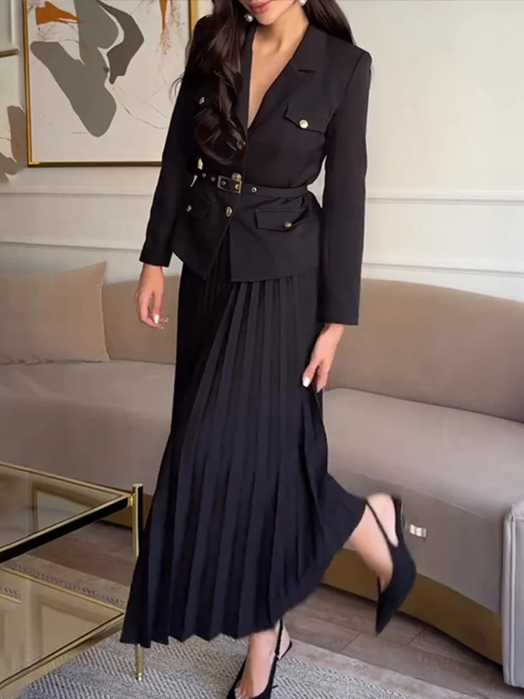 Elegant Women's Two Pieces Set Single-breasted Lapel Large Size Coat Belt Pleated Midi Skirt Suit 2025 Lady New In Matching Sets - Image 2
