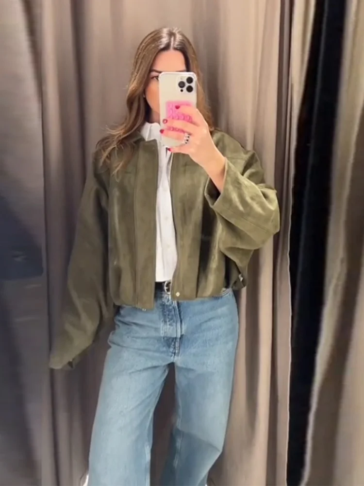 Urban Brown Green Suede Jackets Women Loose Lapel Long Sleeve Zipper Bomber Coat 2025 Autumn Winter Vintage Jacket Streetwear - Image 5
