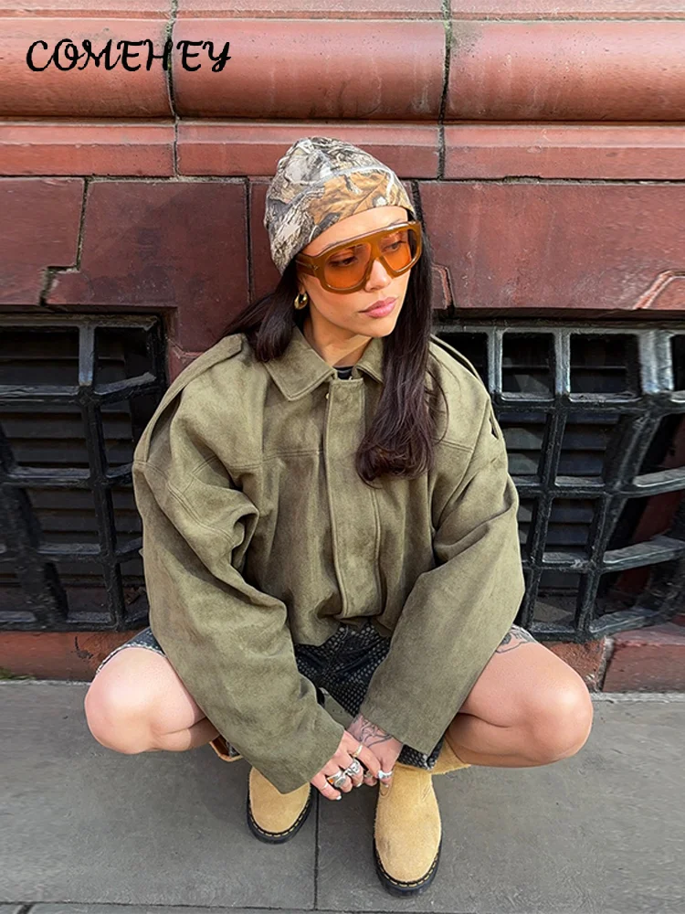 Urban Brown Green Suede Jackets Women Loose Lapel Long Sleeve Zipper Bomber Coat 2025 Autumn Winter Vintage Jacket Streetwear - Image 2