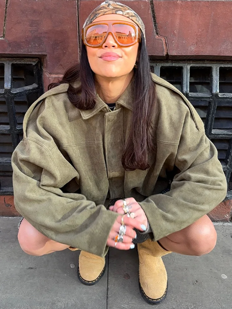 Urban Brown Green Suede Jackets Women Loose Lapel Long Sleeve Zipper Bomber Coat 2025 Autumn Winter Vintage Jacket Streetwear - Image 3