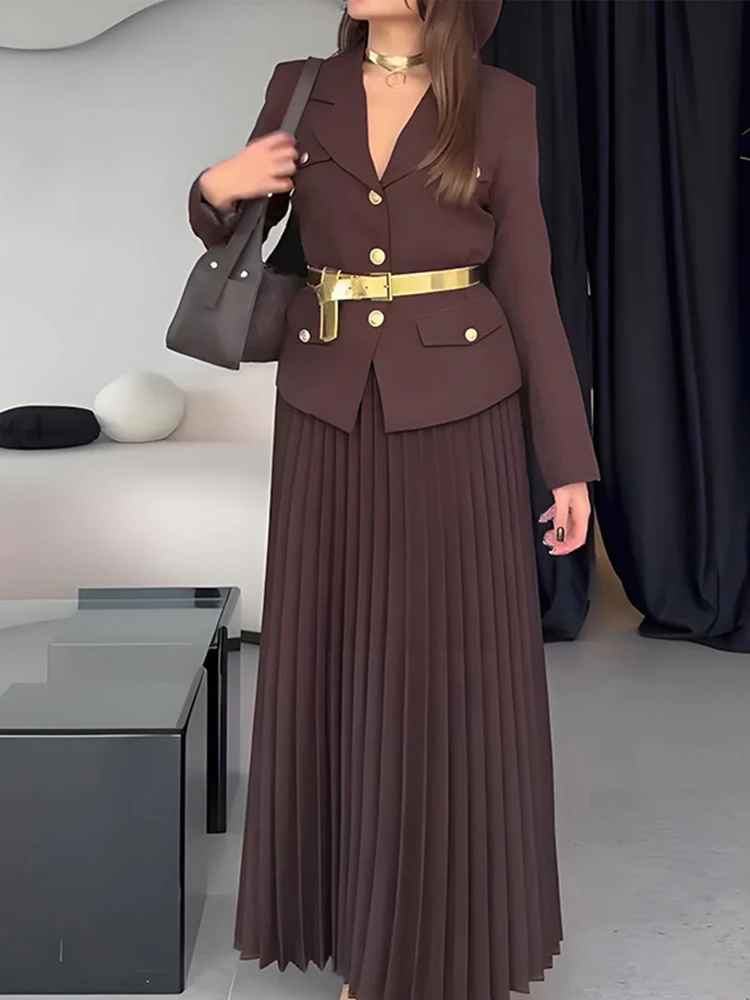 Elegant Women's Two Pieces Set Single-breasted Lapel Large Size Coat Belt Pleated Midi Skirt Suit 2025 Lady New In Matching Sets - Image 5