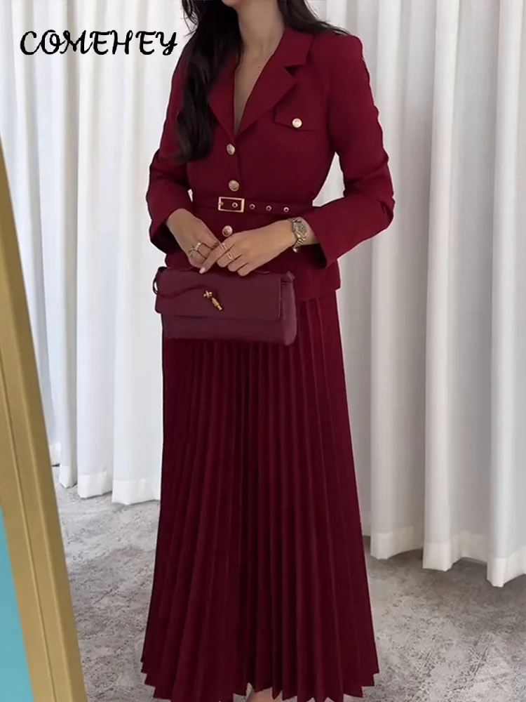 Elegant Women's Two Pieces Set Single-breasted Lapel Large Size Coat Belt Pleated Midi Skirt Suit 2025 Lady New In Matching Sets - Image 3