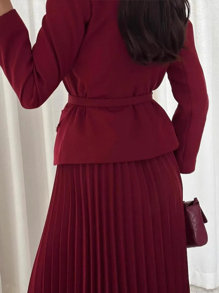 Elegant Women's Two Pieces Set Single-breasted Lapel Large Size Coat Belt Pleated Midi Skirt Suit 2025 Lady New In Matching Sets - Image 4