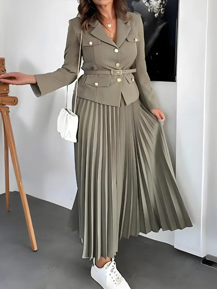 Elegant Women's Two Pieces Set Single-breasted Lapel Large Size Coat Belt Pleated Midi Skirt Suit 2025 Lady New In Matching Sets - Image 6