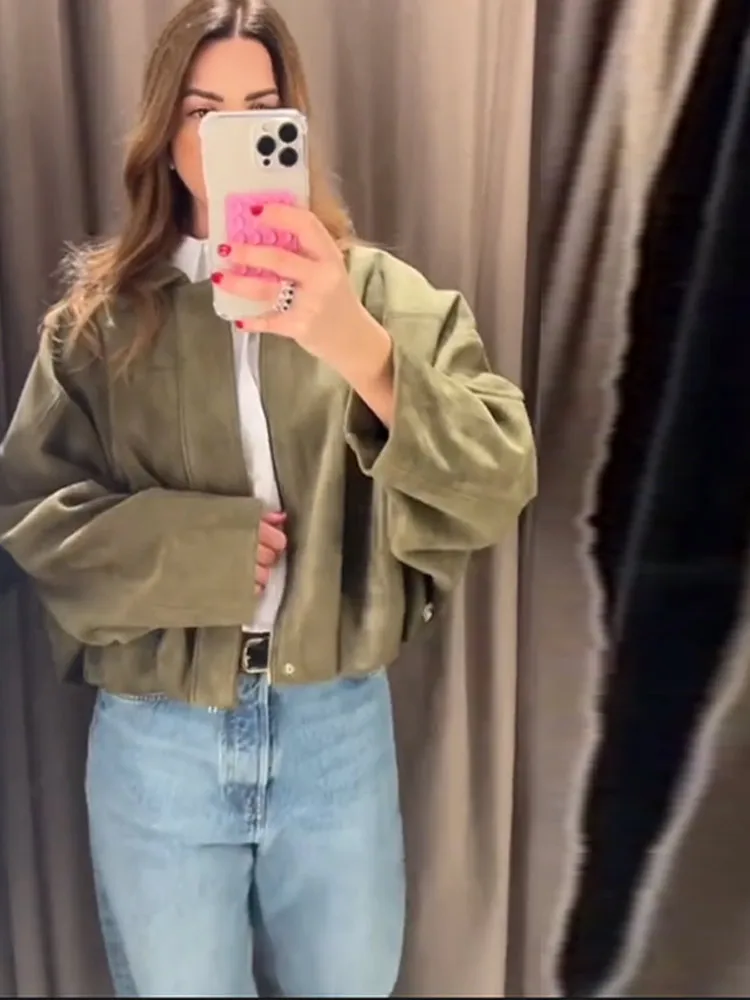 Urban Brown Green Suede Jackets Women Loose Lapel Long Sleeve Zipper Bomber Coat 2025 Autumn Winter Vintage Jacket Streetwear - Image 4