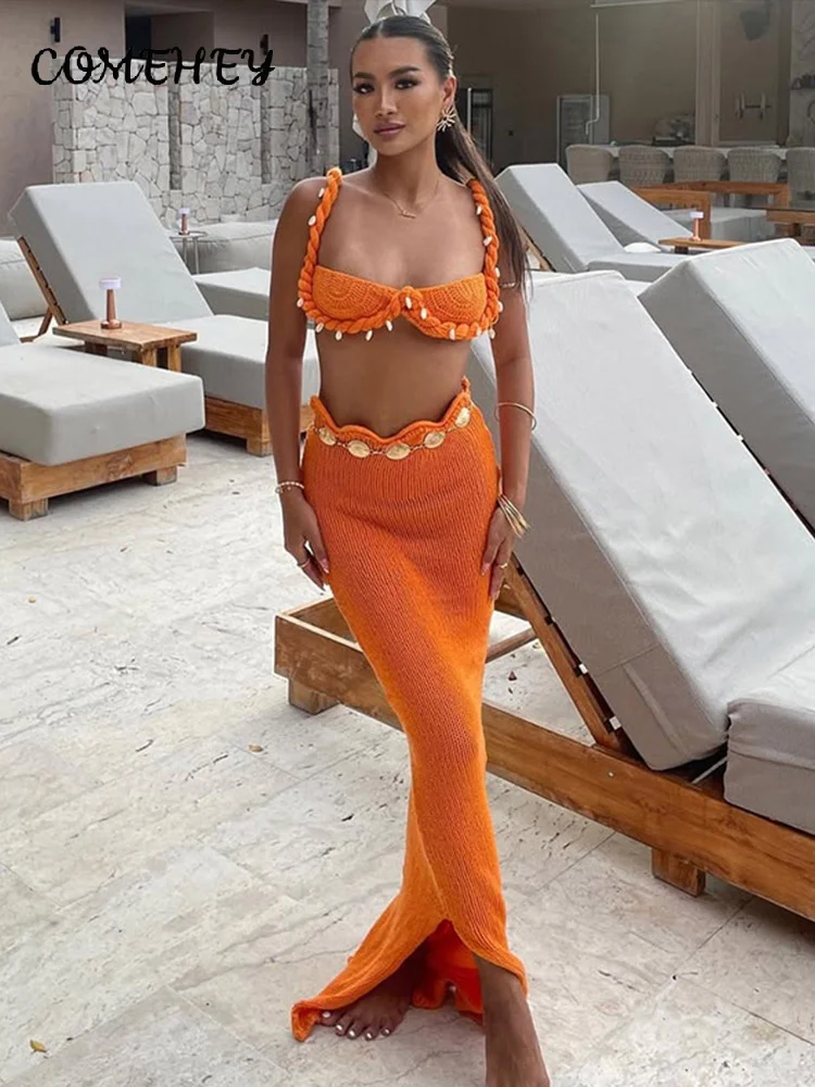 Sexy Shell Beach Knit Tube Top Long Skirts Sets Women Sleeveless Backless Crop Top Hip Package Split Skirt 2025 Summer Lady Suit